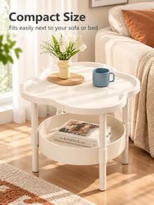 1Pc Modern 2-Tier Side Table With Storage Shelf, Clover-Shaped Small End Table, Space-Saving Bedside Nightstand For Living Room, Bedroom & Study, White/Black - White - View 6