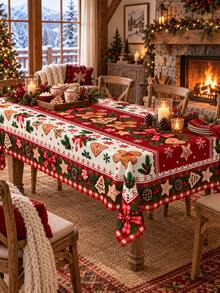 1pc Christmas Round Tablecloth, Gingerbread Man Candy Cane Cookie Bow Plaid Print, Red & Green Holiday Tablecloth, Kitchen Decor, Christmas Dinner Party Home Decor, Christmas Home Decoration - Multicolor - View 12
