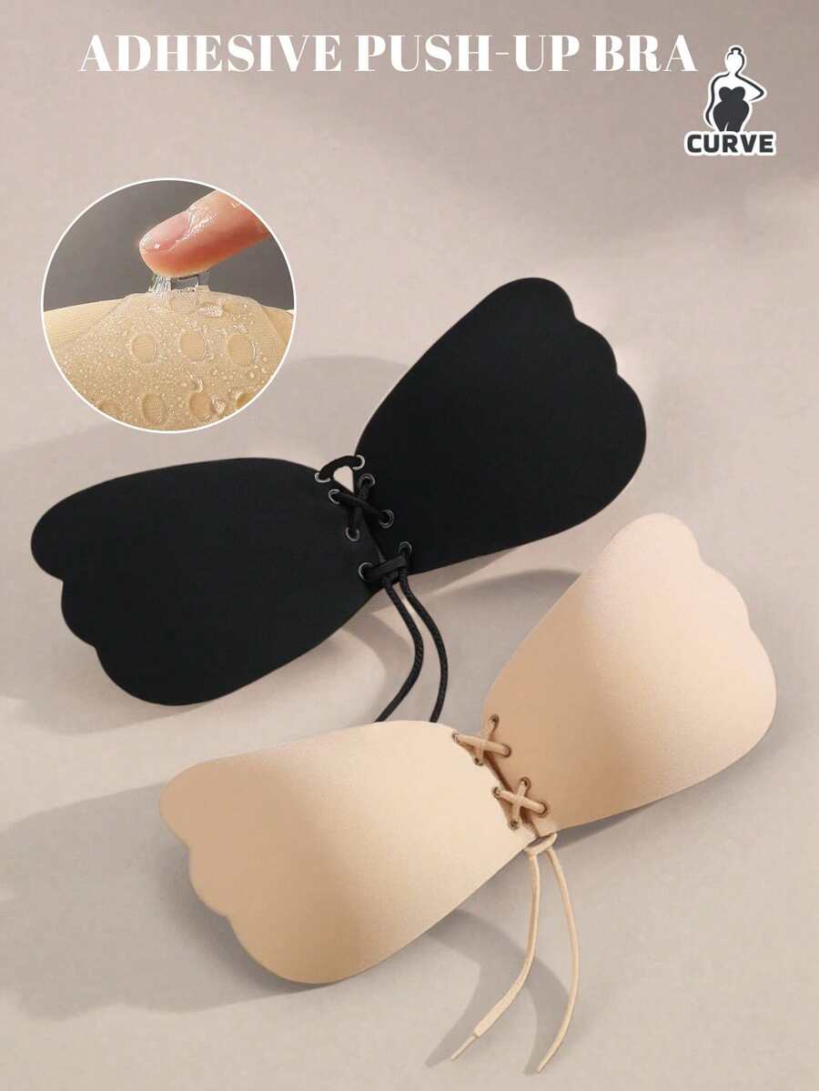 Drawstring Gathered Invisible Self-Adhesive Bra, Strapless Non-Slip Backless Breast Pads, Breathable Adhesive Surface Comfortable To Wear, Available In Apricot And Black, Suitable For Wedding Dress And Party Outfits - Multicolor - View 1