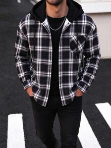 Men's Autumn Long Sleeve Loose Plaid Print Hooded Drawstring Shacket, Perfect Gift For Son, Boyfriend, Father - Black - View 4