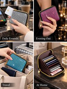 1pc Women Hot Drill Rhinestone Accordion Card Holder, Zipper Multi Slots Credit Card Wallet, Bling Portable Small Coin Purse For Daily Party - Multicolor - View 7