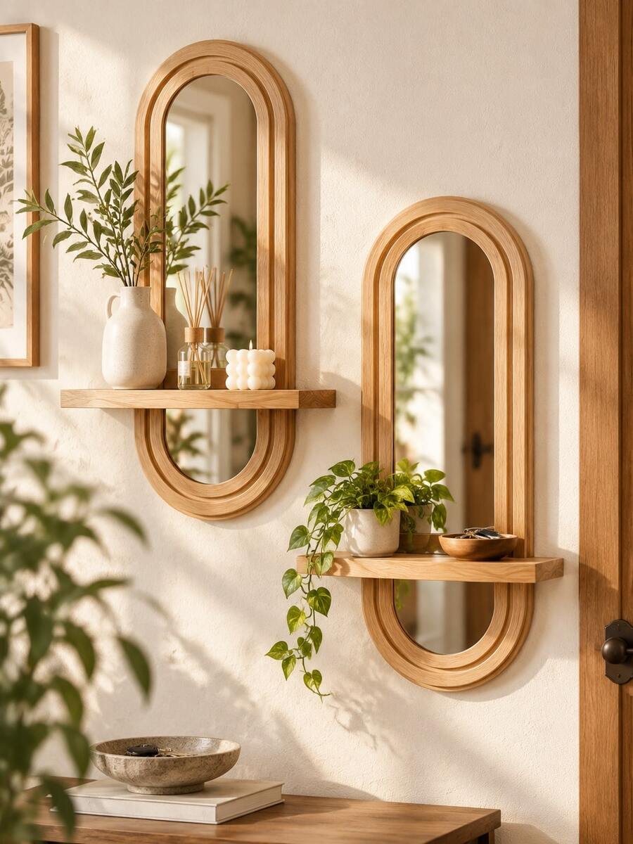 1pc/2pcs Arched Mirror Wall Shelf Boho Style Oval Wall Mounted Decor With Display Storage Ledge For Entryway Bedroom Bathroom Living Room Vanity Apartment Minimalist Home Accent Small Space Organizer
