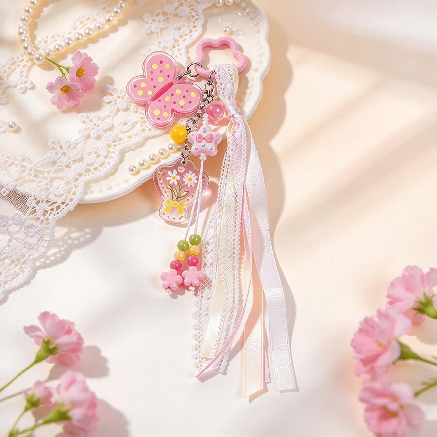 1pc Cute Butterfly Bouquet Keychain, Ribbon Tassel Bag Charm, Colorful Beaded Pendant, Backpack Handbag Decoration, Birthday Holiday Gift - Multicolor - View 1