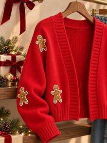 Women's Autumn Red Gingerbread Man Applique Cardigan Sweater, Front Open Long Sleeve Knit Top, Suitable For Christmas Party - Red - View 3