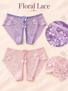 2pcs Sexy Women's Open Crotch Bow High Waist Seamless Lace Panties, Seductive Triangle Underwear - Multicolor - View 2
