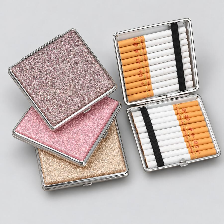 1pc Women's Shiny Metal Cigarette Case, Portable Anti-Crush, Holds 20 Cigarettes, Suitable For Party And Daily Use - Multicolor - View 1
