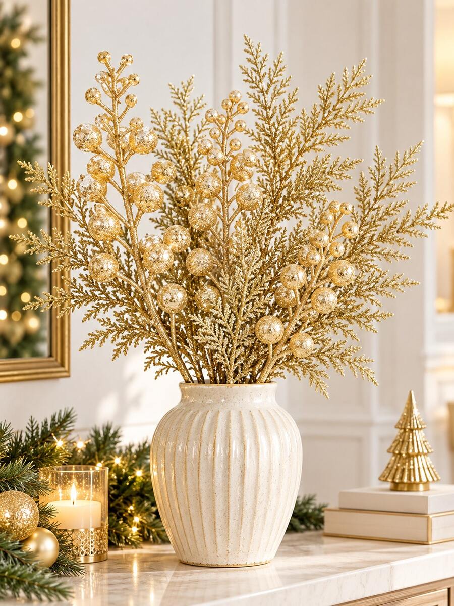 14/7/1pc Gold Christmas Artificial Sprigs, Glitter Berry Branches ...