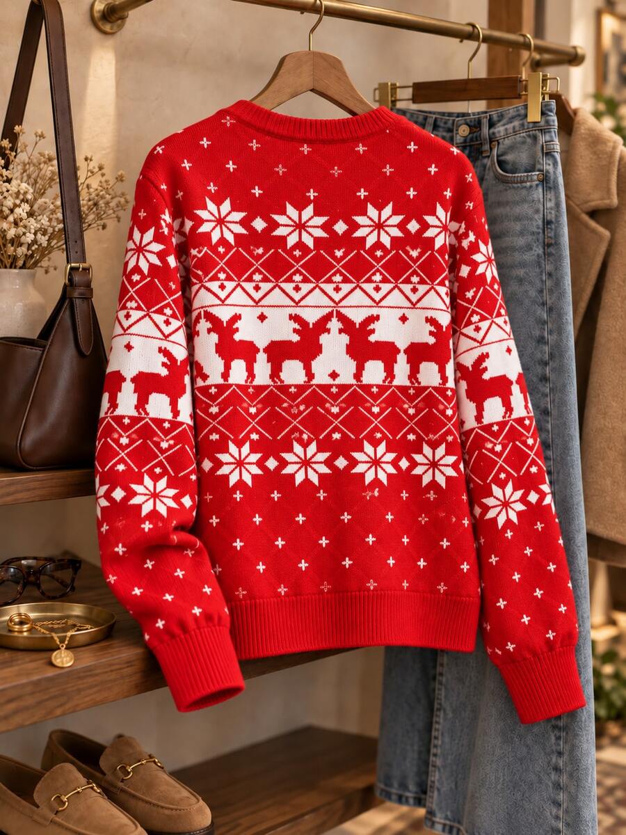 Women's Red Fair Isle Christmas Sweater, Reindeer And Snowflake Pattern, Long Sleeve Crew Neck Knit Top, Suitable For Autumn/Winter - Red - View 1