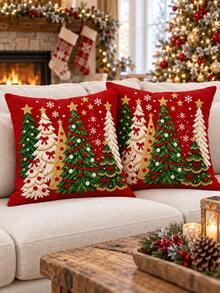 2PCS Red Christmas Pillow Covers, Colorful Christmas Tree, Gold Star, Snowflake And Bow Pattern, Soft And Breathable, Suitable For Office, Bedroom, Living Room And Sofa, Pillow Insert Not Included. - Multicolor - View 6