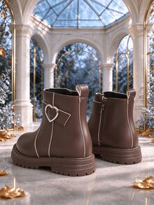 New Autumn/Winter Girls' Heart Button Ankle Boots, Classic Round Toe Soft PU Upper With Side Zipper, Thick Sole Anti-Slip Student Boots, Versatile Fashion British Style Campus And Outdoor Wear For Girls - Coffee Brown - View 7