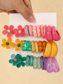 5/15 Pairs Fashionable Colorful Acrylic Earrings Set, Flower + C-Shape Design, Suitable For Women's Daily And Party Jewelry - Multicolor - View 7