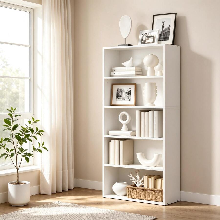 VASAGLE Librería de 5 Niveles, Estantería de Libros, 24 x 60 x 134 cm, Estantes Ajustables, Oficina, Salón, Dormitorio, Blanco Nube - Ver 1