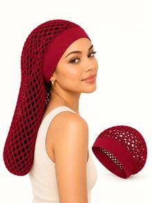 2pcs Short & Long Crochet Mesh Hair Net Caps, Wide Stretch Band Snood Caps, Hair Covers & Hair Wraps For Braids, Locs, Dreadlocks, Curly Hair & Long Hair, Wig Prep Accessories, Burgundy Wig Tools - View 3