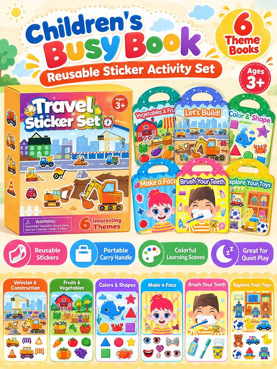 Children's Reusable Sticker Book, Portable Travel Sticker Book, Early Education Enlightenment Educational Toy, Parent-Child Interaction Gift (Set Of 6 Books) - Multicolor - View 1
