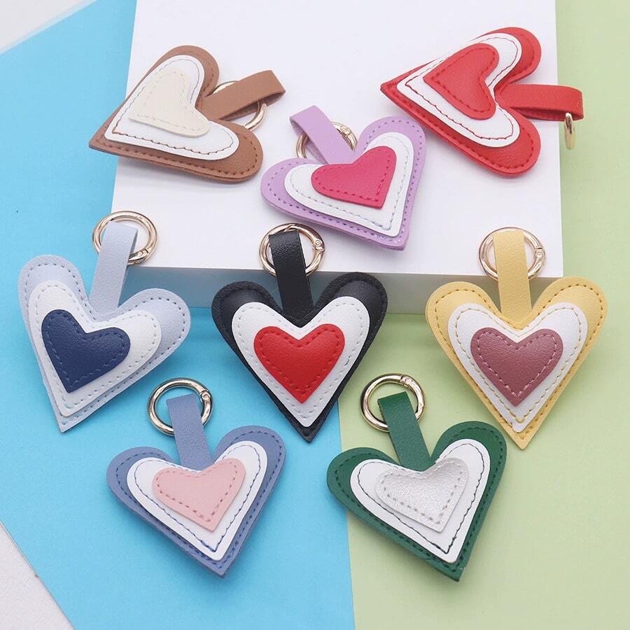 1pc Creative Multi Layer Color Contrasting Love PU Keychain 3D Cotton Heart Shaped Pendant Bag Hanging Small Gift - Multicolor - View 1