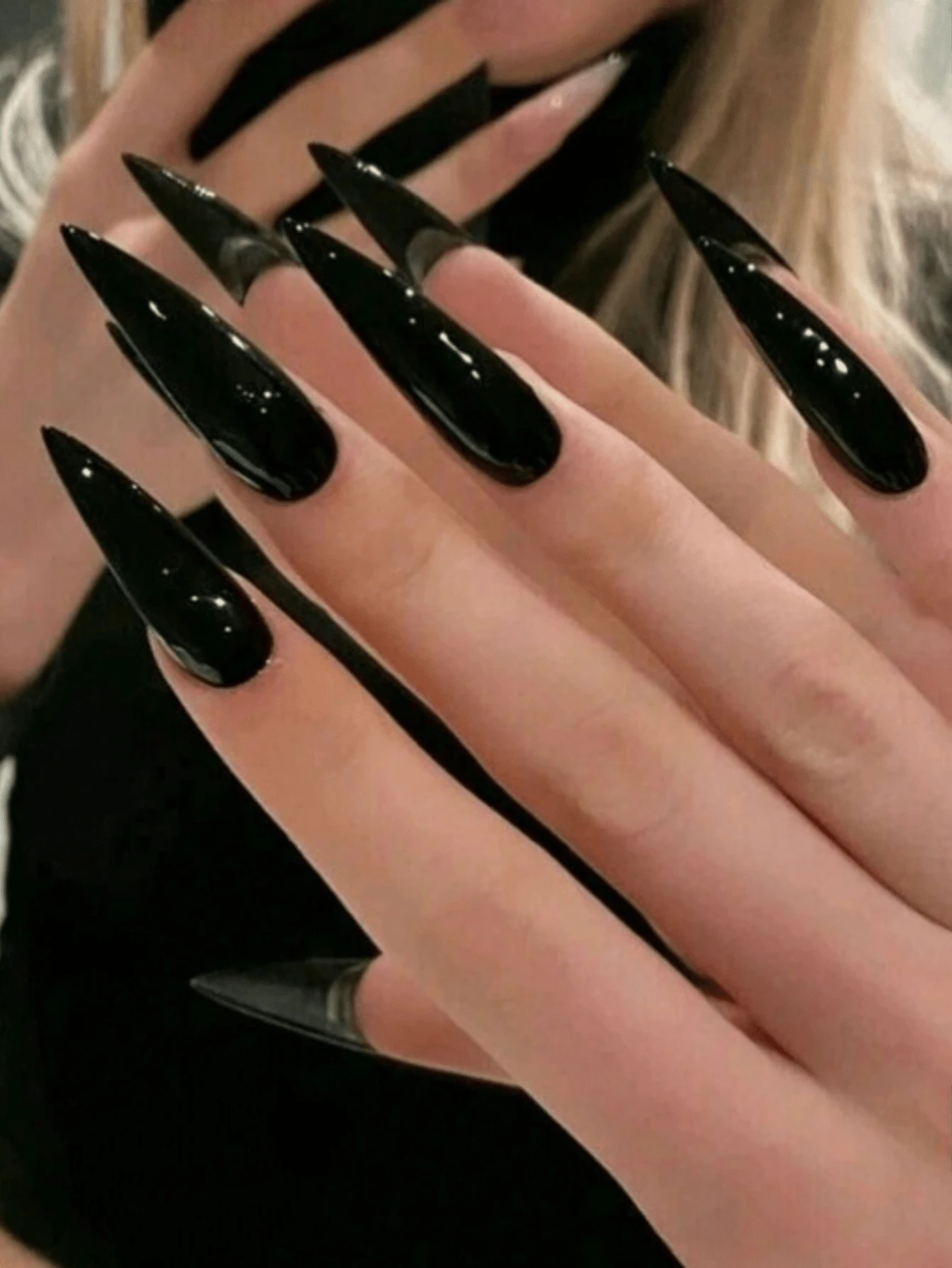 24pcs Long Thin High Heel French Pointed Press-On Nails, Classic Pure Black Glossy Full Coverage Fake Nails, Fashionable And Elegant, Suitable For Daily Wear - Black - View 1