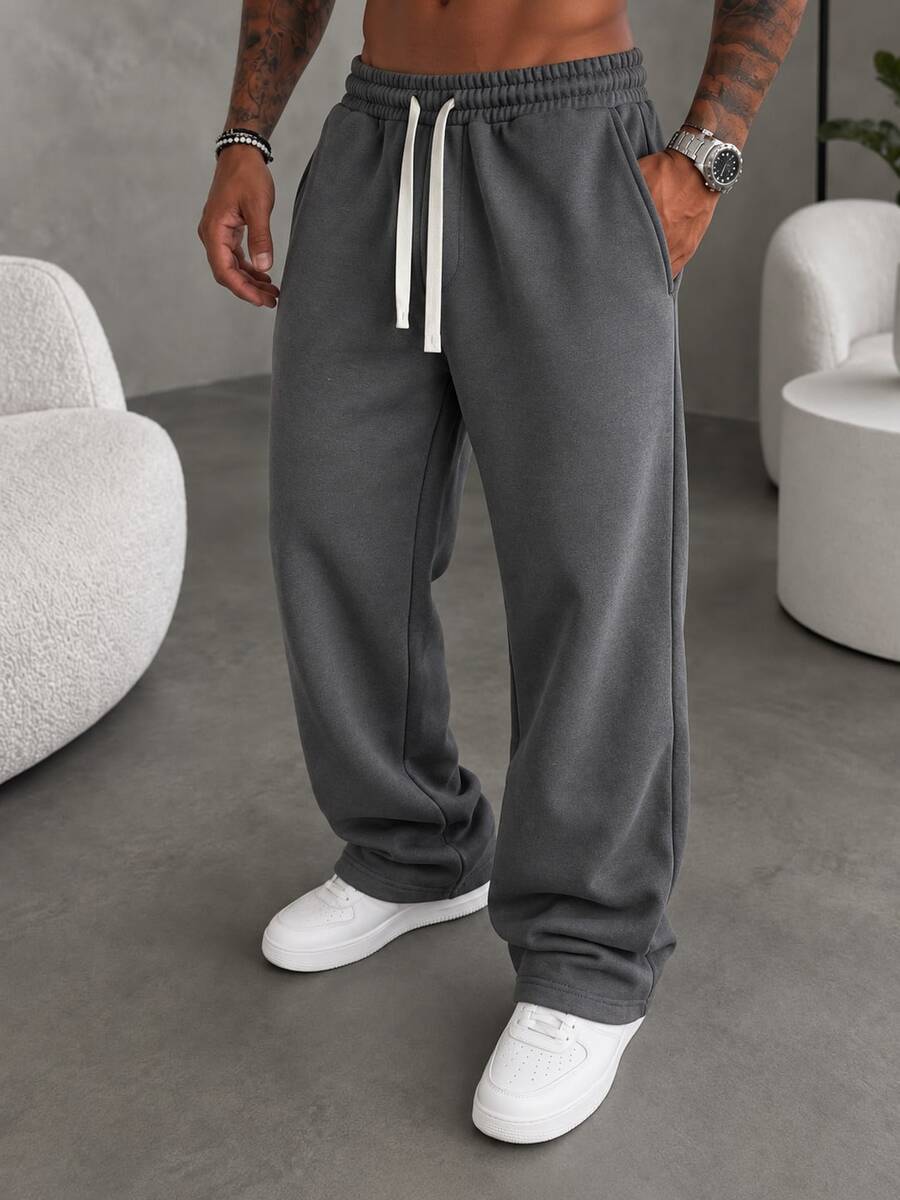 Men's Solid Color Wide Leg Sweatpants, Elastic Waist With Contrast Drawstring, Casual Long Pants - Dark Grey - View 1