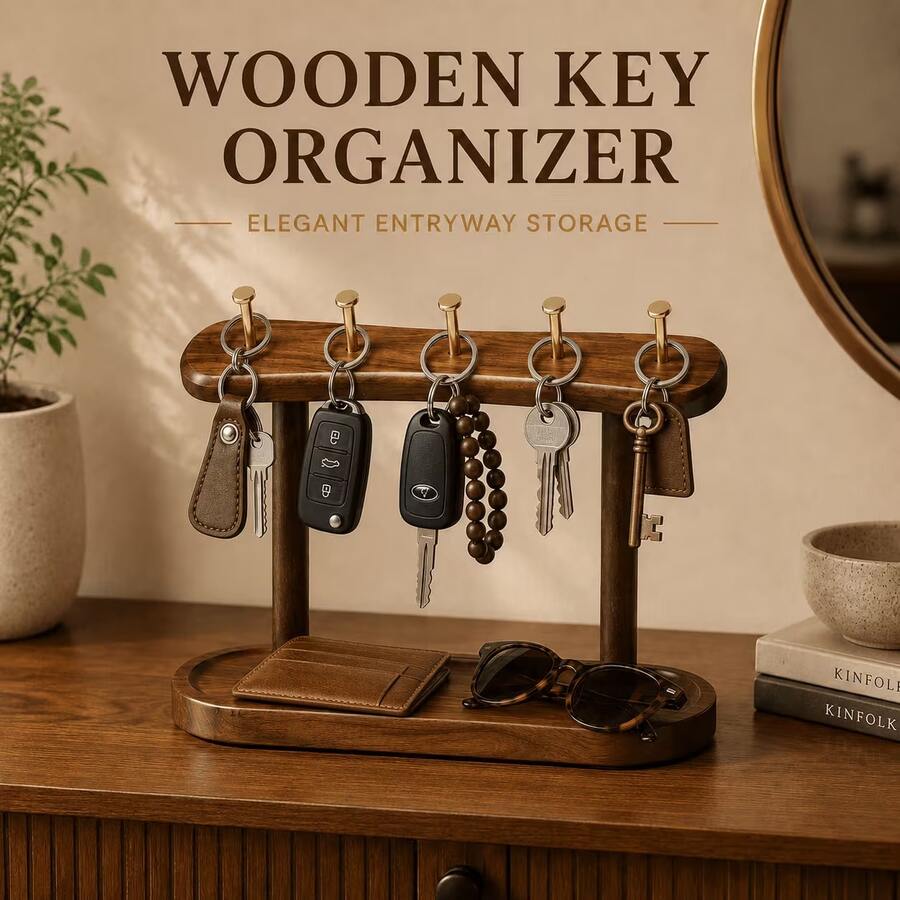 1pc Solid Wood Key Holder Stand With 5 Gold Hooks & Storage Tray, Desktop Entryway Key Organizer Rack For Keys, Glasses, Small Accessories, Home Decor - Walnut 5-hook Key Rack - View 1
