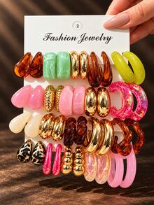 40/10pcs Elegant Fashion Vintage Versatile Creative Multi-Color Gold Flower, Water Drop, Geometric Square, Leopard Print Earrings Set, Perfect Gift For Girlfriend/Mom/Friend - Multicolor - View 2