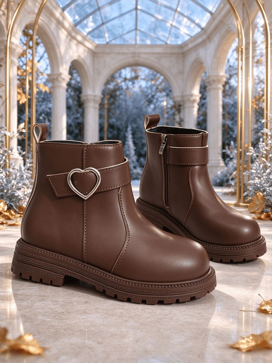 New Autumn/Winter Girls' Heart Button Ankle Boots, Classic Round Toe Soft PU Upper With Side Zipper, Thick Sole Anti-Slip Student Boots, Versatile Fashion British Style Campus And Outdoor Wear For Girls