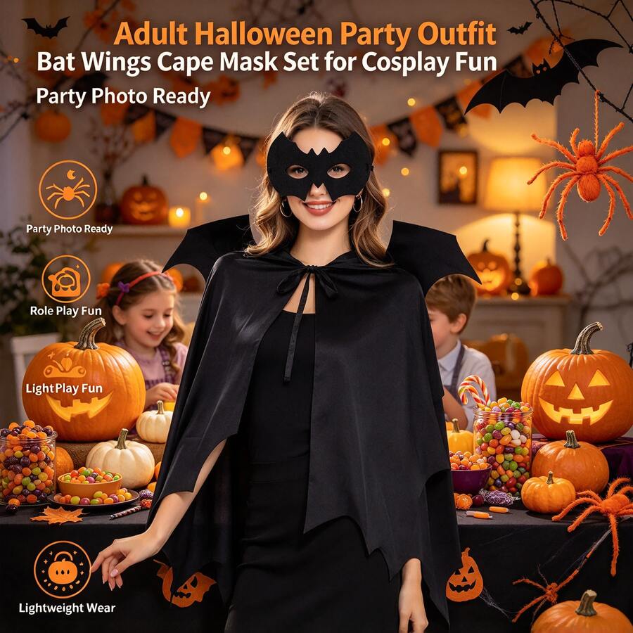 Black Bat Wing Cape Costume Set For Halloween, Halloween Cape Masquerade Costume Bat Cape Adult One-Piece Black Cape Mask Set - Bat Cape - View 1