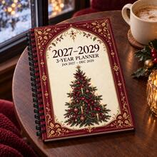 Vintage Red & Gold Christmas Tree 2027-2029 3-Year Planner, Spiral Bound 3-Year Daily Schedule Planner Notebook, European Floral Christmas Style Highly Attractive Notebook For Study, Office, Monthly Tracking And Recording - Style 1 - View 6
