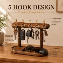 1pc Solid Wood Key Holder Stand With 5 Gold Hooks & Storage Tray, Desktop Entryway Key Organizer Rack For Keys, Glasses, Small Accessories, Home Decor - Walnut 5-hook Key Rack - View 5