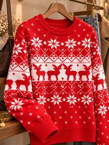 Women's Red Fair Isle Christmas Sweater, Reindeer And Snowflake Pattern, Long Sleeve Crew Neck Knit Top, Suitable For Autumn/Winter - Red - View 3