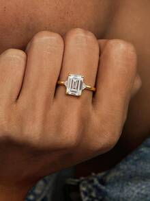 1pc 18K Gold Plated Luxury Square Main Stone Ring, Triangle Side Stone Ring, Luxury Minimalist Ring, Exquisite Holiday Party Gift For Women - Yellow Gold - View 7