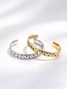 1pc Casual Sweet Cool Ins Style Personalized Stainless Steel Gold-Plated Etched Star & Moon Pattern Open Bangle Bracelet For Men Couples Holiday Party Wear - Stars and Moon - View 6
