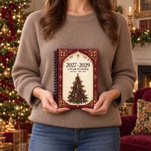Vintage Red & Gold Christmas Tree 2027-2029 3-Year Planner, Spiral Bound 3-Year Daily Schedule Planner Notebook, European Floral Christmas Style Highly Attractive Notebook For Study, Office, Monthly Tracking And Recording - Style 1 - View 2