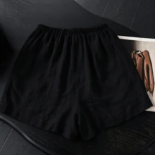 Summer Thin Faux Linen Elastic Waist Drawstring Straight Leg Wide Leg Casual Minimalist Versatile Slimming Shorts Black - Black - View 5