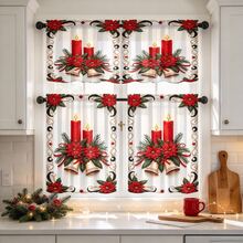 For Kitchen, Christmas Red Poinsettia Candles Gold Bells Window Valance And Short Curtains Kitchen Curtain Set, Digital Print - Multicolor - View 7