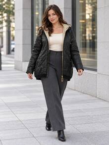 Plus Size Hooded Diamond Quilted Drawstring Waist Puffer Jacket - Black - View 2