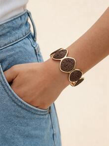 1pc Vintage Brown Raffia Woven Metal Open Cuff Bracelet For Women, Luxury Vacation Style Geometric Patchwork Wide Bangle, Bohemian Niche Design Accessory, Suitable For Beach Vacation, Party And Daily Wear - Coffee Brown - View 9