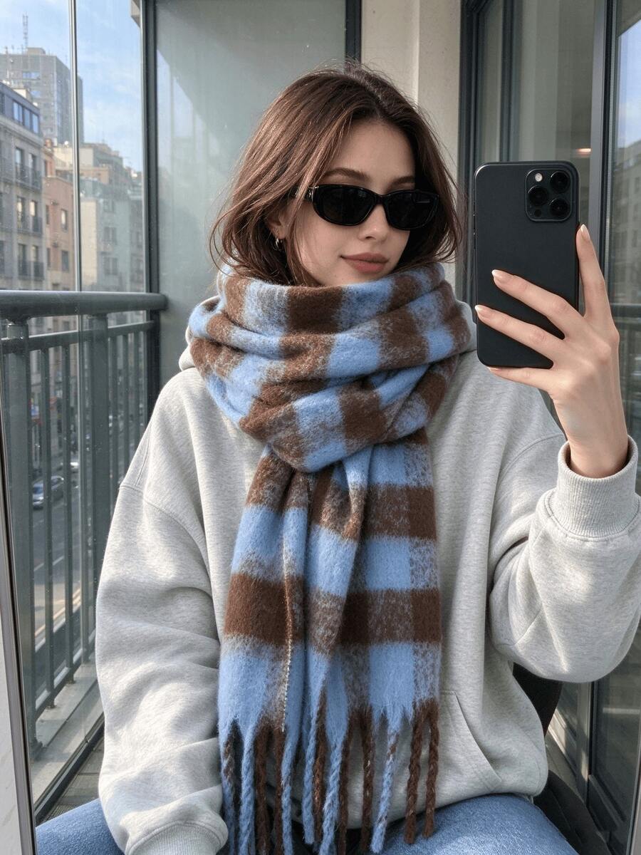 1pc Elegant Women's Knitted Tassel Scarf - Comfortable, Windproof And Warm, Suitable For Autumn/Winter | Ideal Gift - Blue and Brown Plaid - View 1