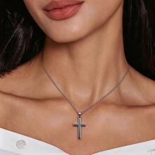 1pc Minimalist Cross Pendant Necklace, Classic Solid Cross Design, Stainless Steel Silver-Tone, Versatile Delicate Chain, Unisex Jewelry For Daily Commute, Travel, And Christmas Gift - Silver - View 9