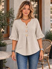 Plus Size Women's Autumn Vacation Style Button-Front Shirt, Ruffle Sleeves, Loose Casual, Non-Stretch, Summer Top - Khaki - View 3