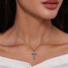1pc Minimalist Cross Pendant Necklace, Classic Solid Cross Design, Stainless Steel Silver-Tone, Versatile Delicate Chain, Unisex Jewelry For Daily Commute, Travel, And Christmas Gift - Silver - View 4