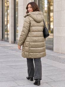 Plus Size Hooded Quilted Longline Padded Coat - Camel - View 3