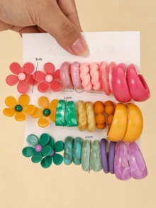 5/15 Pairs Fashionable Colorful Acrylic Earrings Set, Flower + C-Shape Design, Suitable For Women's Daily And Party Jewelry - Multicolor - View 6