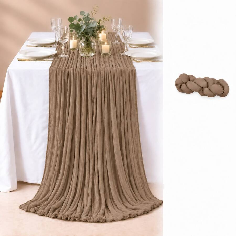 1 Pack Brown Cheesecloth Table Runner, Soft Crinkle Semi Sheer Gauze Cloth, Boho Rustic Table Decor For Fall Wedding Reception, Thanksgiving, Friendsgiving, Bridal Shower, Baby Shower, Birthday Party, Farmhouse Dining Table Centerpiece And Home Decor - Multicolor - View 1