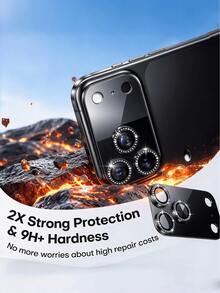 1pc Metal Matte Diamond Camera Lens Tempered Glass Protector, Bling Rhinestone Full Cover Camera Protection, Scratch Resistant Lens Guard Compatible With IPhone 18Promax 18Pro - Diamond Black - View 3