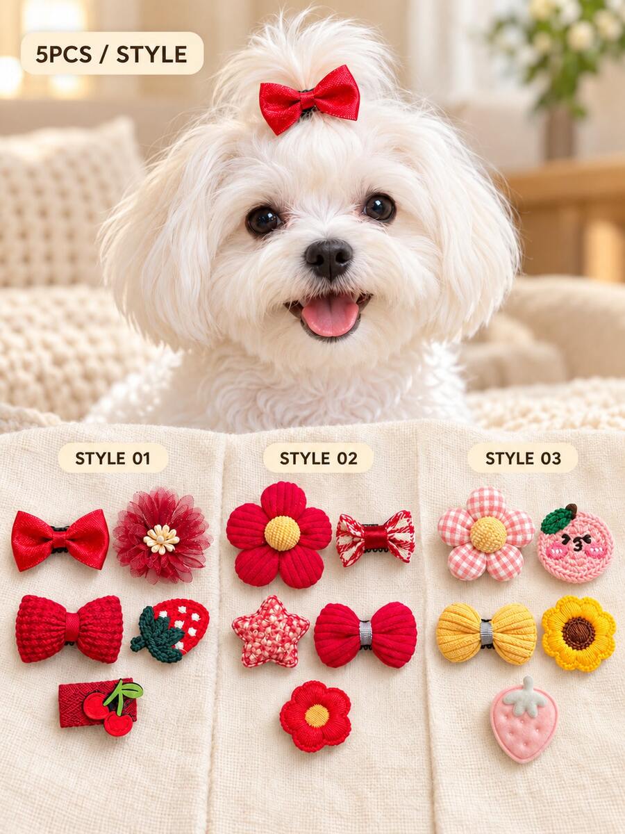 5pcs Dog Hair Clips, Handmade Woven Pet Hair Bows, Cute Flower Design Beauty Accessories, Suitable For Yorkshire Terrier, Maltese, Small Dogs And Cats - Multicolor - View 1
