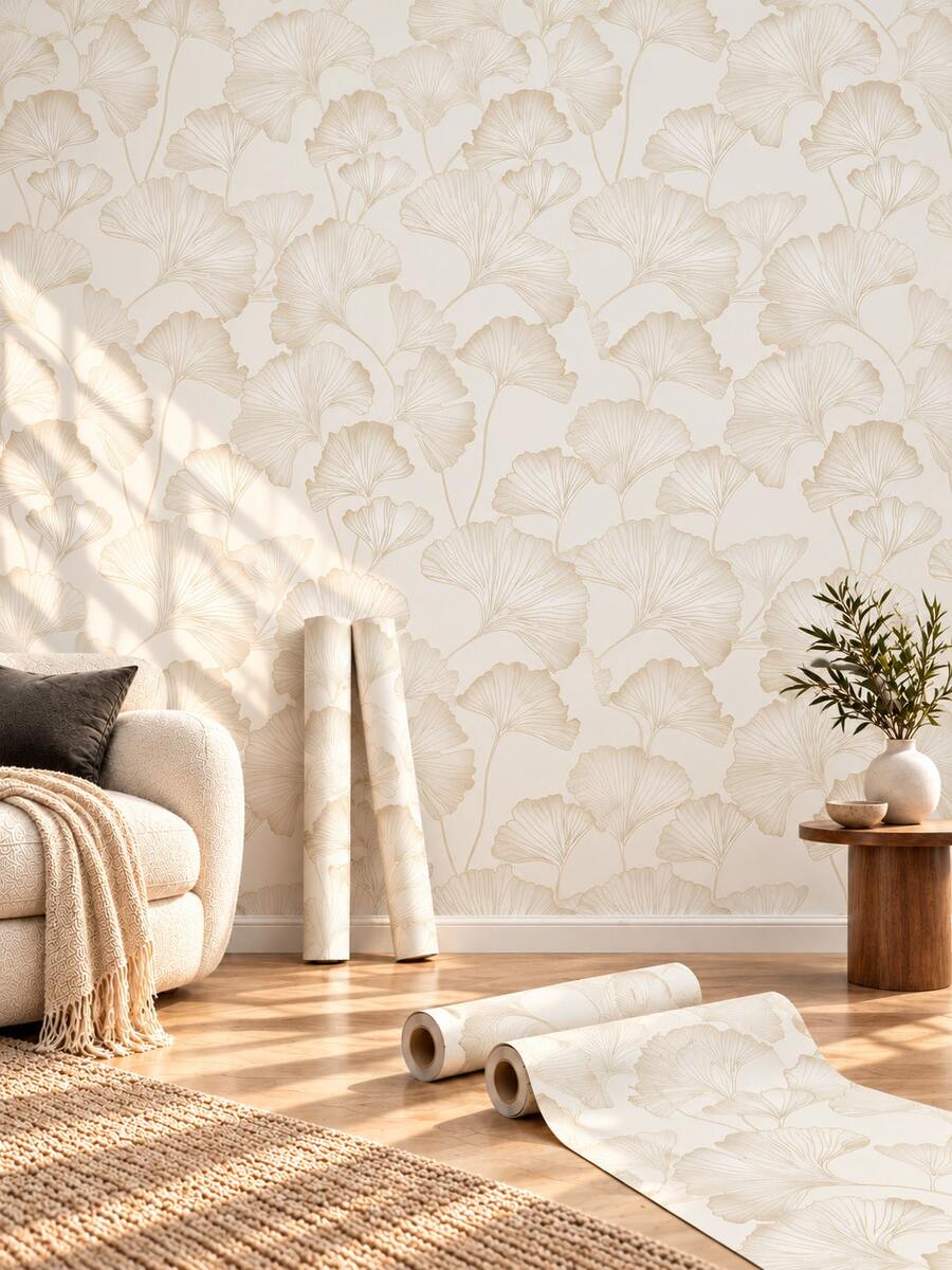 1 Rolls PVC Peel And Stick Wallpaper, Removable Waterproof Self-Adhesive Wall Covering, Beige Ginkgo Leaf Pattern For Bedroom, Living Room, Home Office & Rental Decor, Contact Paper For Home Makeover, Decorative Wall Sticker - Wallpaper - View 1