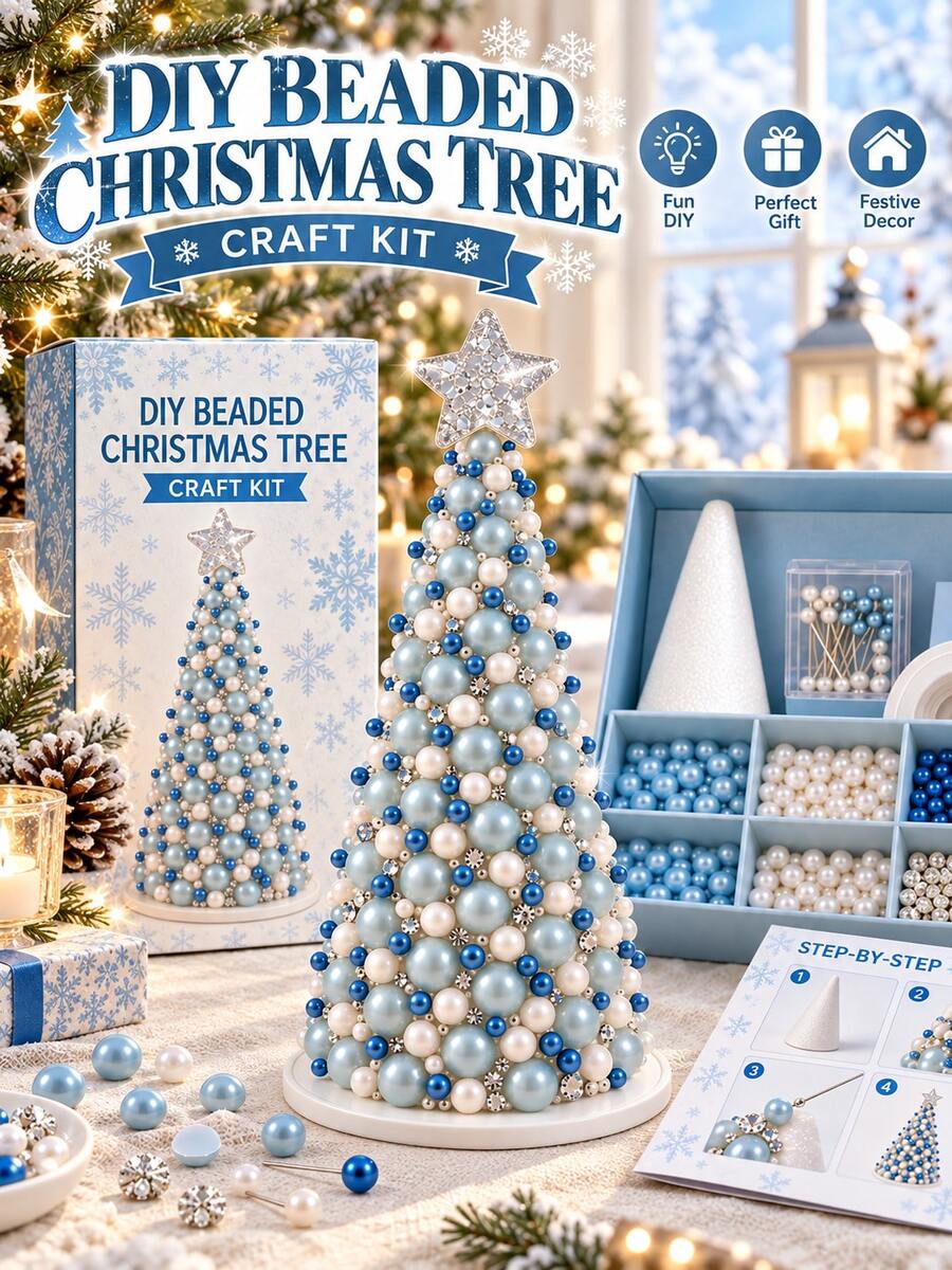 1 Set DIY Pearl Effect Beaded Christmas Tree Handmade Kit, 5 Styles Available, Star Top Ornament & Shiny Bead Design, Holiday Party Christmas Tabletop Decor, Bedroom Vanity Ornament, Handmade Christmas Gift - Multicolor - View 1