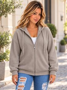 Plus Size Women's Ribbed Knit Zip-Up Hoodie, Drawstring Hood, Long Sleeve Loose Casual Jacket - Khaki - View 1