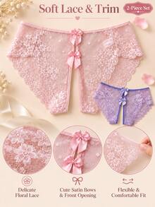 2pcs Sexy Women's Open Crotch Bow High Waist Seamless Lace Panties, Seductive Triangle Underwear - Multicolor - View 10