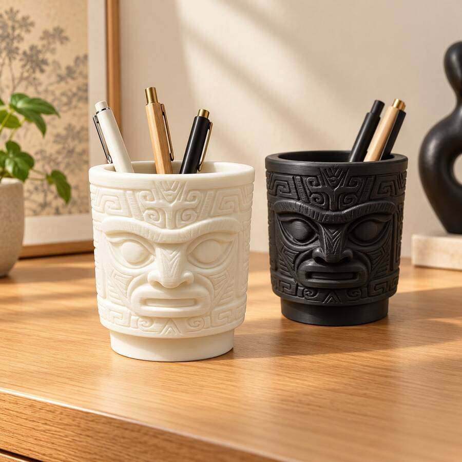 1pc Popular 3D Printed Mayan Mask Pen Holder, Ancient Style Face Pen Cup, Vintage Carved Desktop Stationery Organizer Box, Suitable For Office Home Decor Gift - View 1