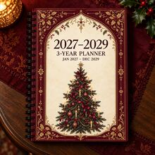 Vintage Red & Gold Christmas Tree 2027-2029 3-Year Planner, Spiral Bound 3-Year Daily Schedule Planner Notebook, European Floral Christmas Style Highly Attractive Notebook For Study, Office, Monthly Tracking And Recording - Style 1 - View 5